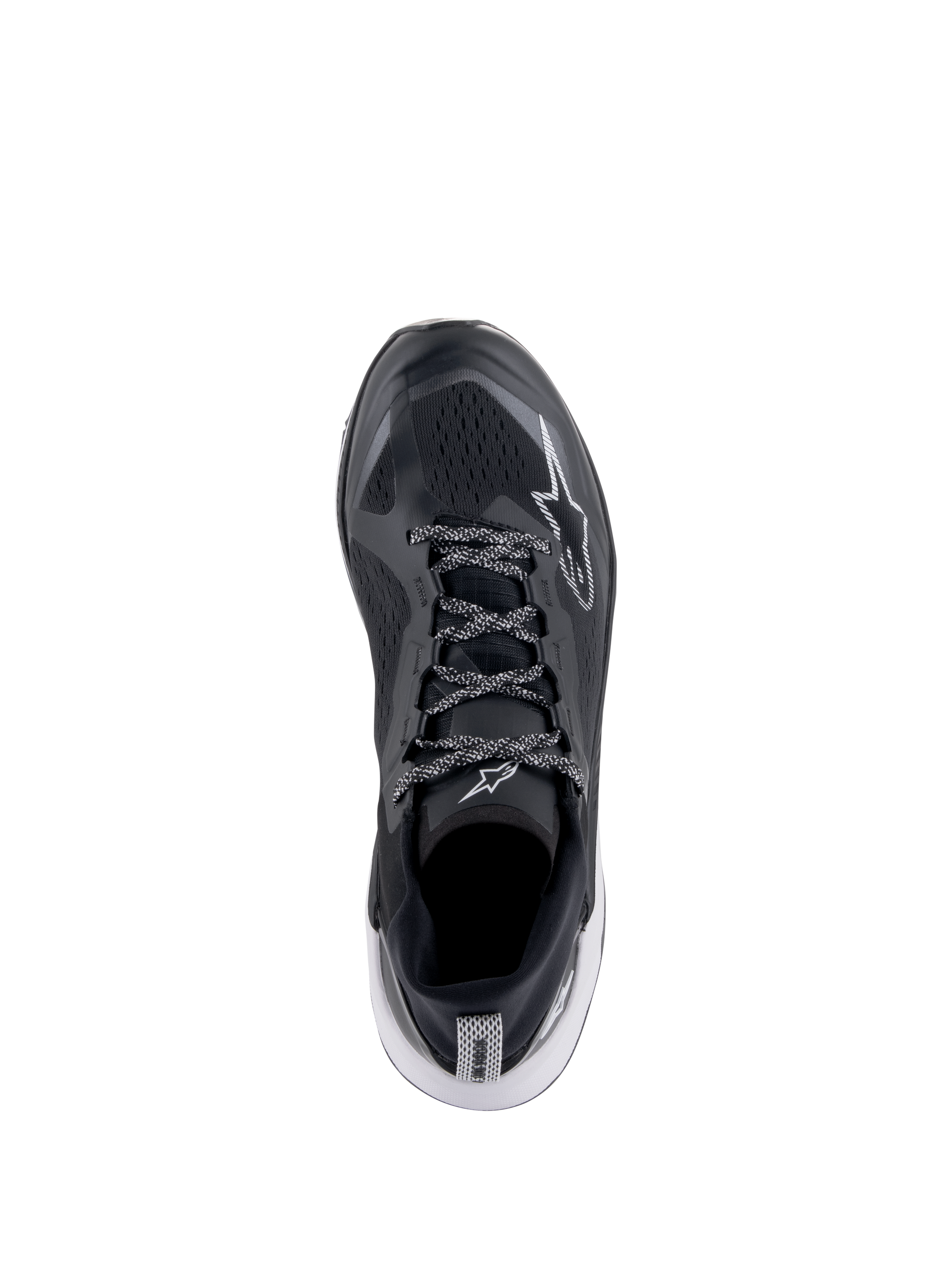 Alpinestars Meta XR V2 Shoes, Sportswear Shoes, Black White and Dark Gray, top-down view featuring breathable mesh upper and patterned laces, white star logo, casual athletic footwear