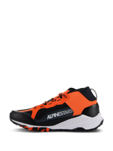 Alpinestars Meta XR V2 Shoes, Sport Casual Shoes, Black Orange and White, profile view featuring vibrant orange panel with white branding, breathable black mesh, thick white midsole, and rugged textured outsole.