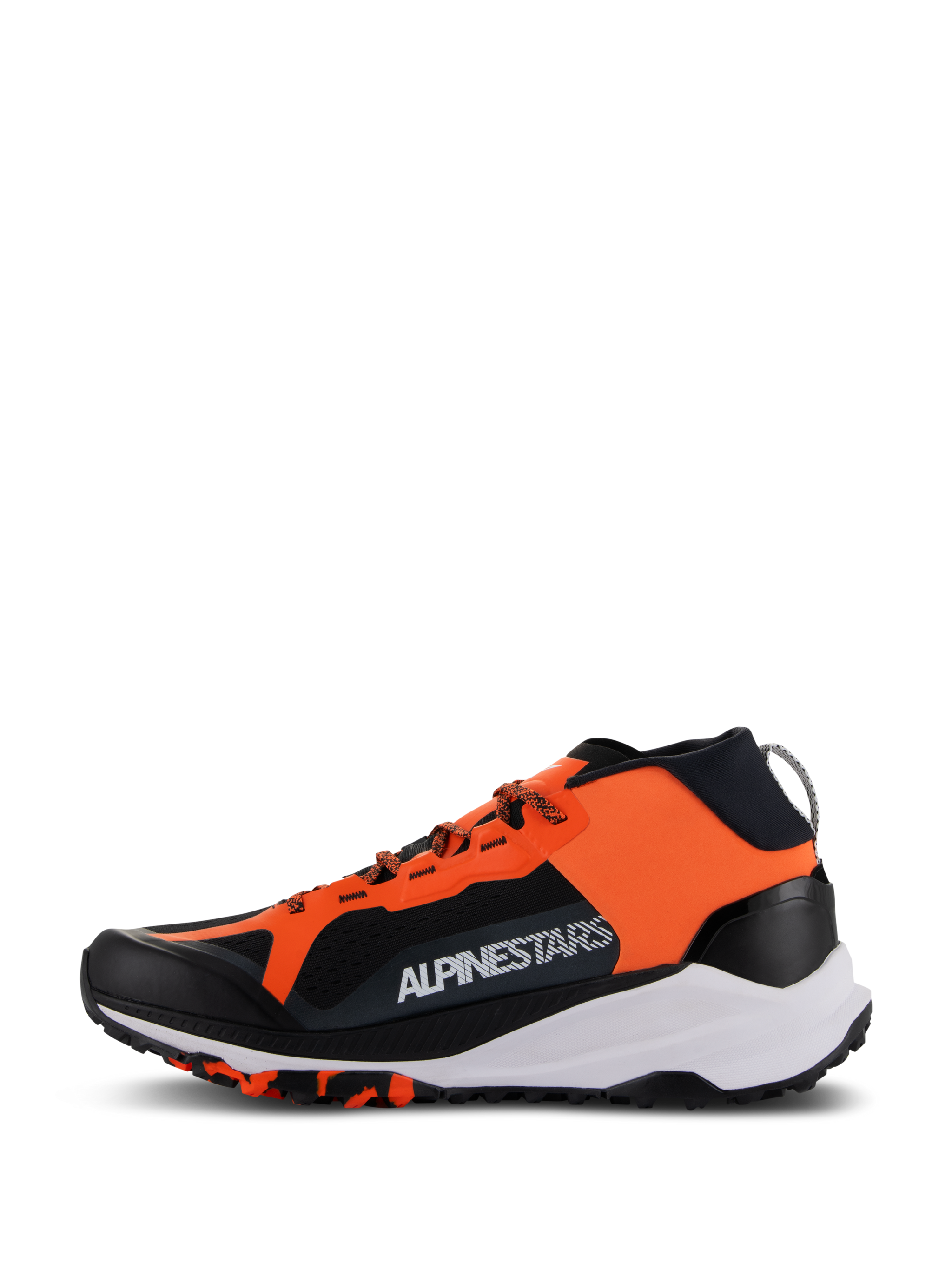 Alpinestars Meta XR V2 Shoes, Sport Casual Shoes, Black Orange and White, profile view featuring vibrant orange panel with white branding, breathable black mesh, thick white midsole, and rugged textured outsole.