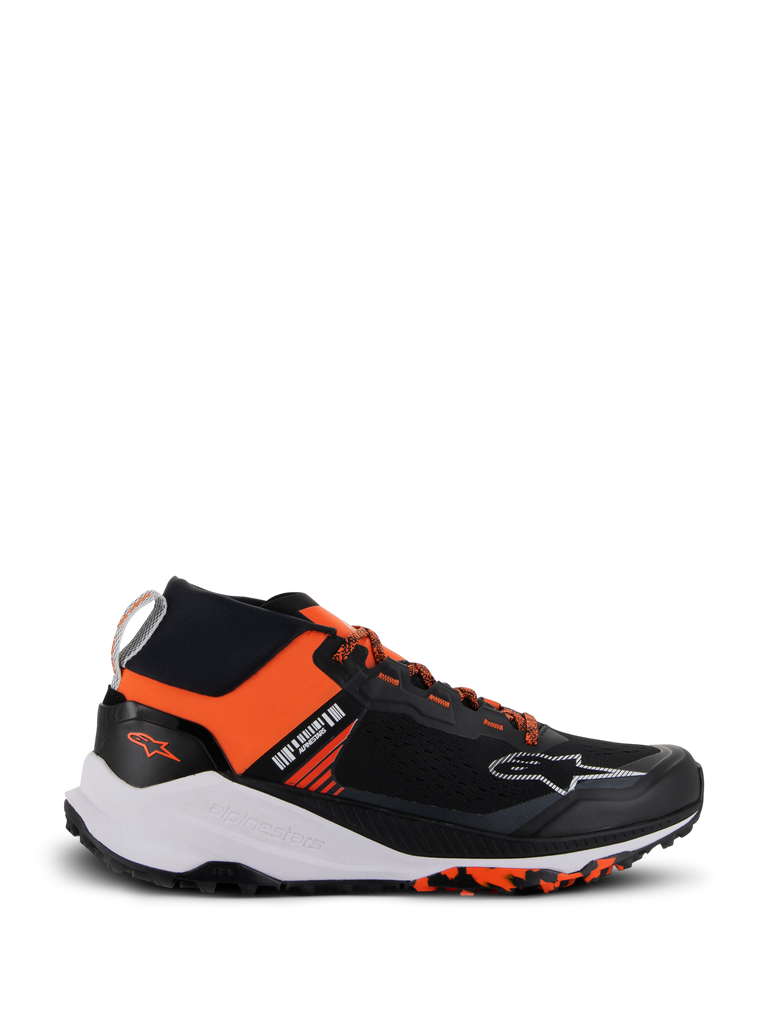 Alpinestars Meta XR V2 Shoes, Sport-Casual Sneakers, Black and Orange, featuring a single-piece mesh upper, thick white midsole with Alpinestars branding, and marbled rubber outsole, lightweight athletic design engineered for all-day comfort and off-road grip