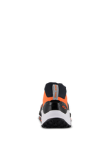 Alpinestars Meta XR V2 Shoes, Sport Casual Shoes, Black Orange and White, rear view featuring a rugged rubber sole, white midsole, and orange upper with a heel pull tab and small Alpinestars logo.