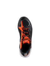 Alpinestars Meta XR V2 Shoes, Sport Casual Shoes, Black Orange and White, top-down view featuring a black technical mesh upper with vibrant orange overlays, patterned laces, and white logo details, designed for all-day comfort and stability.