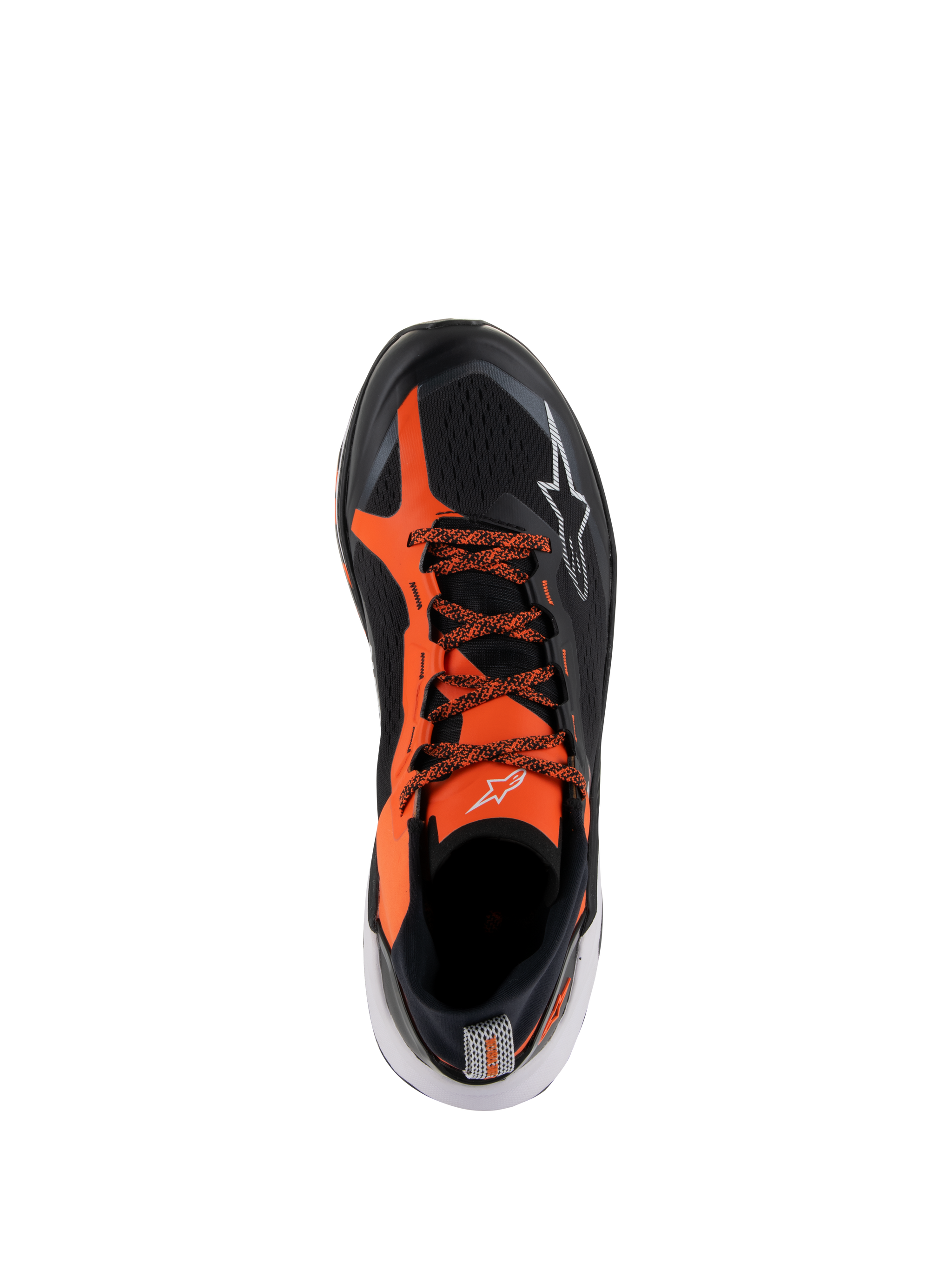 Alpinestars Meta XR V2 Shoes, Sport Casual Shoes, Black Orange and White, top-down view featuring a black technical mesh upper with vibrant orange overlays, patterned laces, and white logo details, designed for all-day comfort and stability.