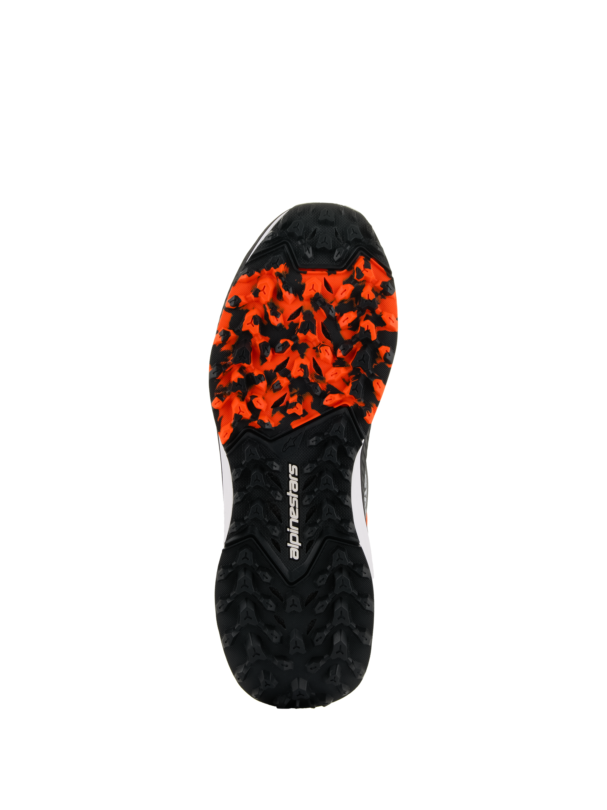 Alpinestars Meta XR V2 Shoes, rugged rubber outsole, Black and Orange, featuring high-traction lug pattern for dirty surfaces, white Alpinestars logo, oil-resistant and anatomically optimized for off-road grip