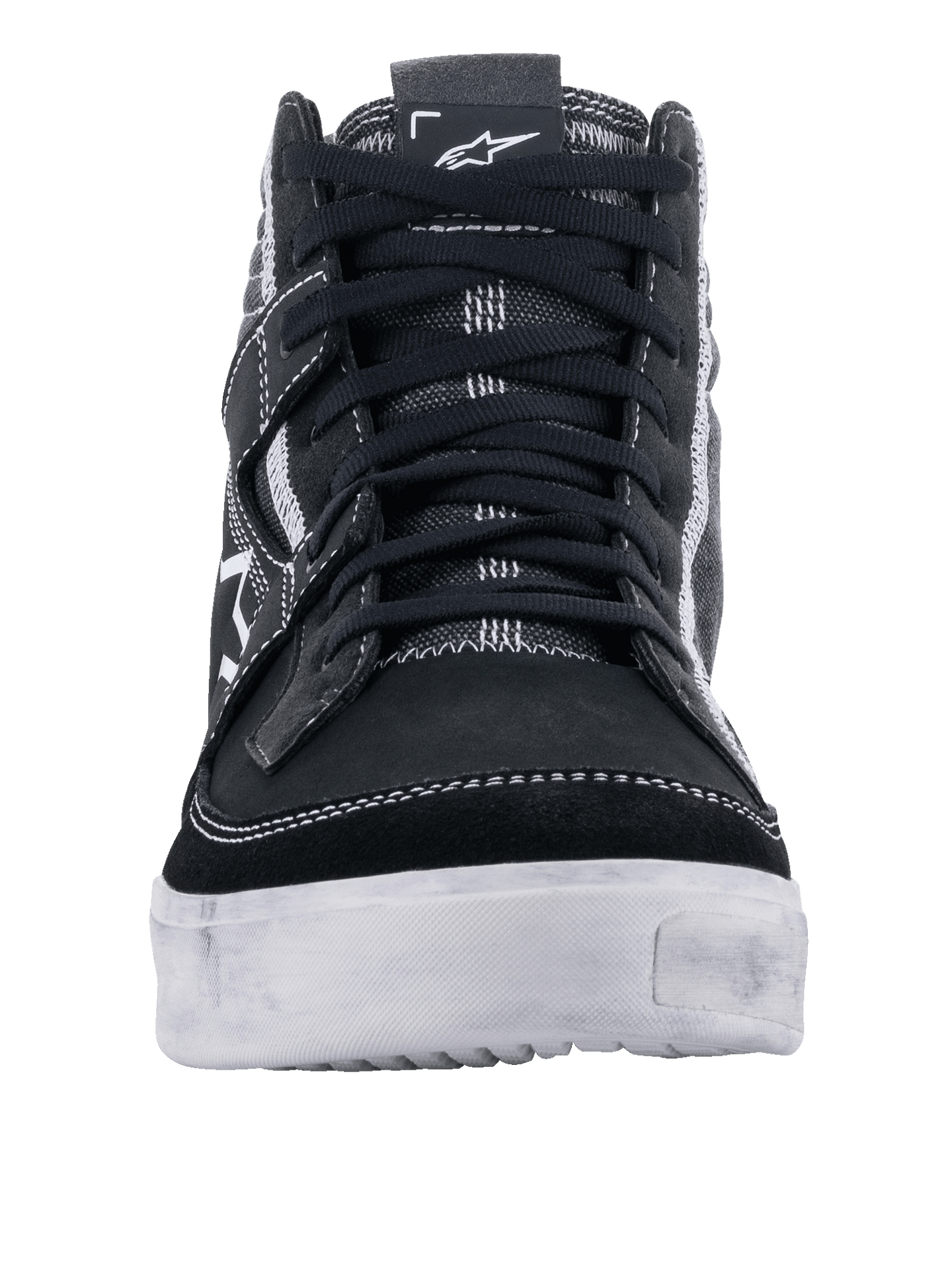 Alpinestars Ageless Riding Shoes, Black White Cool Gray, front view of casual motorcycle shoe, black suede and canvas upper with white contrast stitching, durable white sole, urban riding footwear