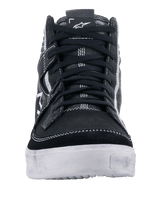 Alpinestars Ageless Riding Shoes, Black White Cool Gray, front view of casual motorcycle shoe, black suede and canvas upper with white contrast stitching, durable white sole, urban riding footwear