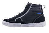 Alpinestars Ageless Riding Shoes, Black and Cool Gray motorcycle shoes, side view, canvas and suede construction with white contrast stitching, high-top sneaker style with off-white sole and black laces.