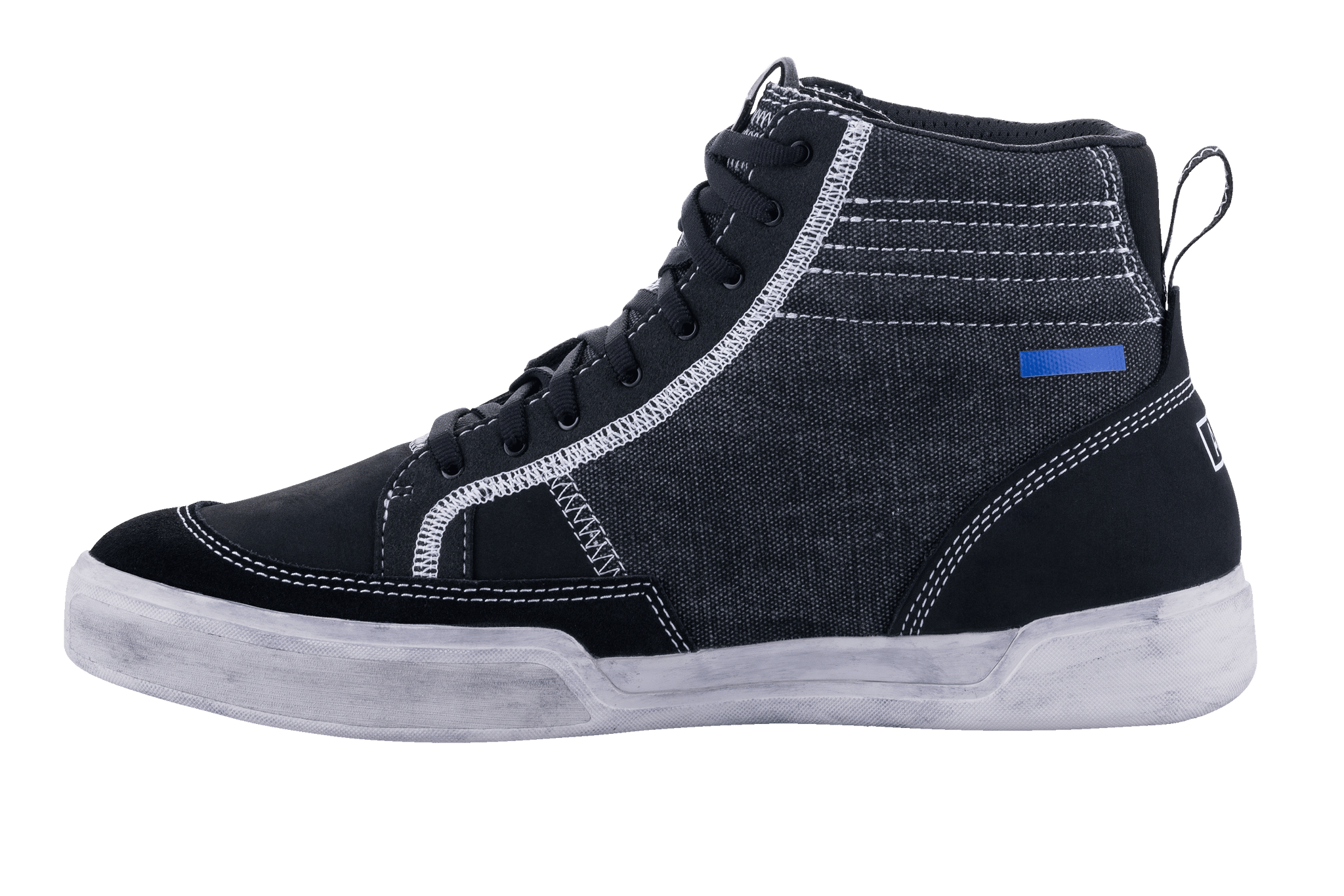 Alpinestars Ageless Riding Shoes, Black and Cool Gray motorcycle shoes, side view, canvas and suede construction with white contrast stitching, high-top sneaker style with off-white sole and black laces.