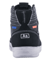 Alpinestars Ageless Riding Shoes, Motorcycle Riding Shoes, Black and Cool Gray, rear view featuring dark grey canvas with white stitching, black suede heel with white branding, blue and orange accents, casual urban design with a white sole