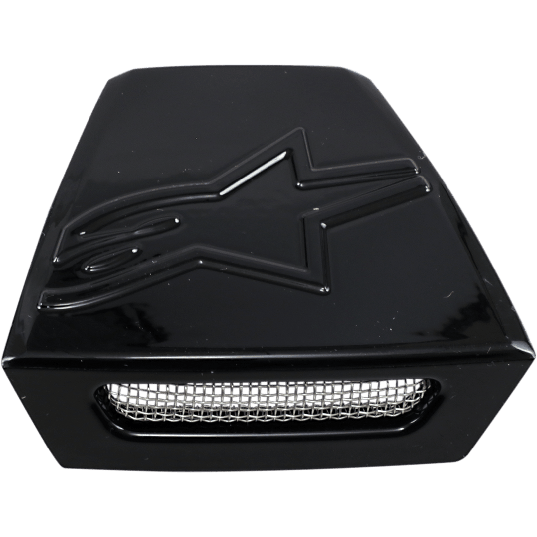 Alpinestars Supertech M10/M8 Helmet Rear Vent Frame, Helmet Accessory, Black Glossy, embossed star logo on the top surface, silver wire mesh grille insert, trapezoidal ventilation component for off-road helmets