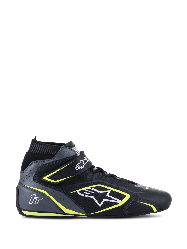 Alpinestars Tech-1 T V3 FIA Racing Shoes, Black and Cool Gray with Yellow Fluo accents, high-top motorsport footwear, perforated bovine leather construction, hook-and-loop ankle strap with laces, white logo and 1T branding, FIA 8856-2018 certified for auto racing