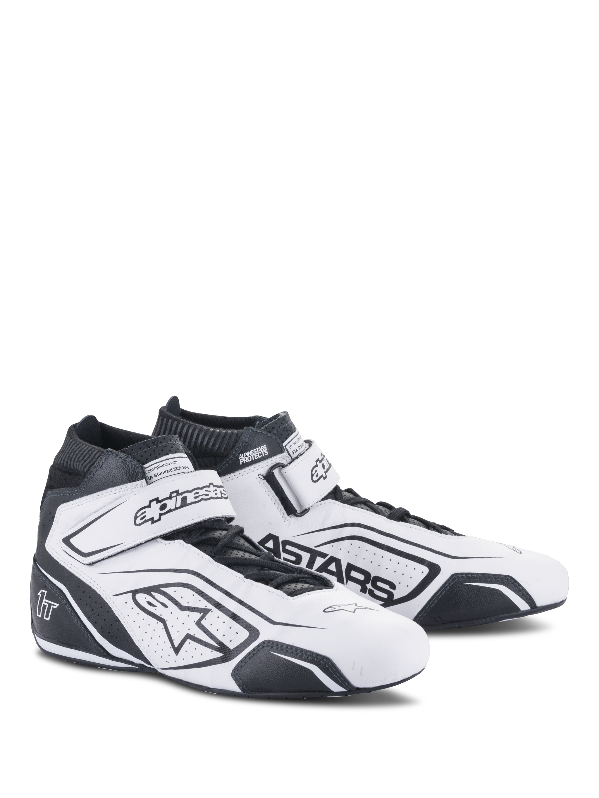 Alpinestars Tech-1 T V3 Shoes FIA, White and Black Racing Shoes, professional motorsport footwear, FIA certified, high-top leather design with perforated ventilation, hook and loop ankle strap, and bold black Astars branding.
