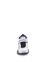Alpinestars Tech-1 T V3 Shoes, Auto Racing Shoes, White Black and Red, front view featuring hook-and-loop closure strap with Alpinestars branding, black laces, and SFI certification tag on the tongue