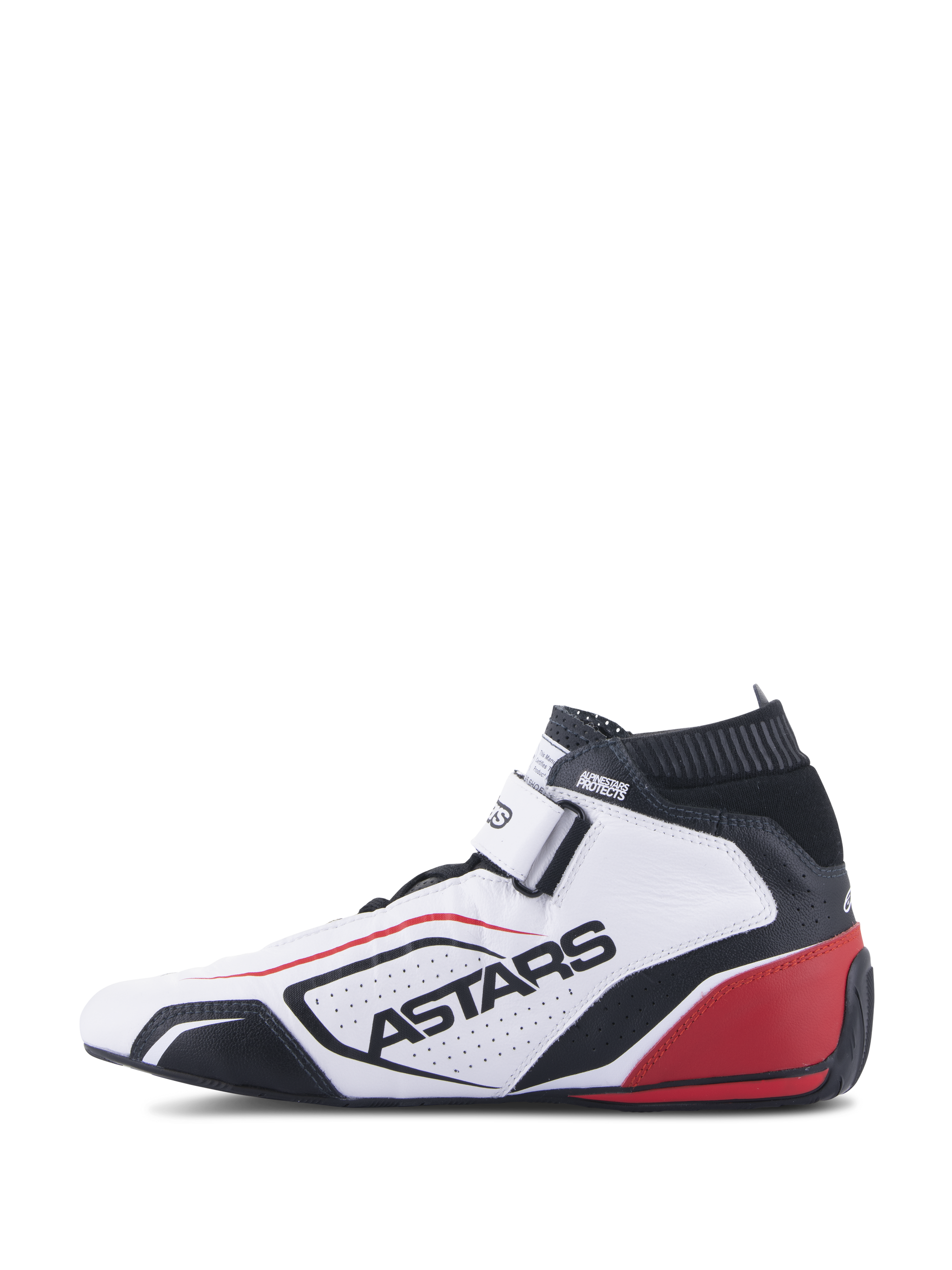 Alpinestars Tech-1 T V3 Shoes FIA, professional auto racing footwear, White Black and Red, profile view featuring ASTARS branding on perforated leather, black fireproof collar, and red heel highlights, performance motorsport design.