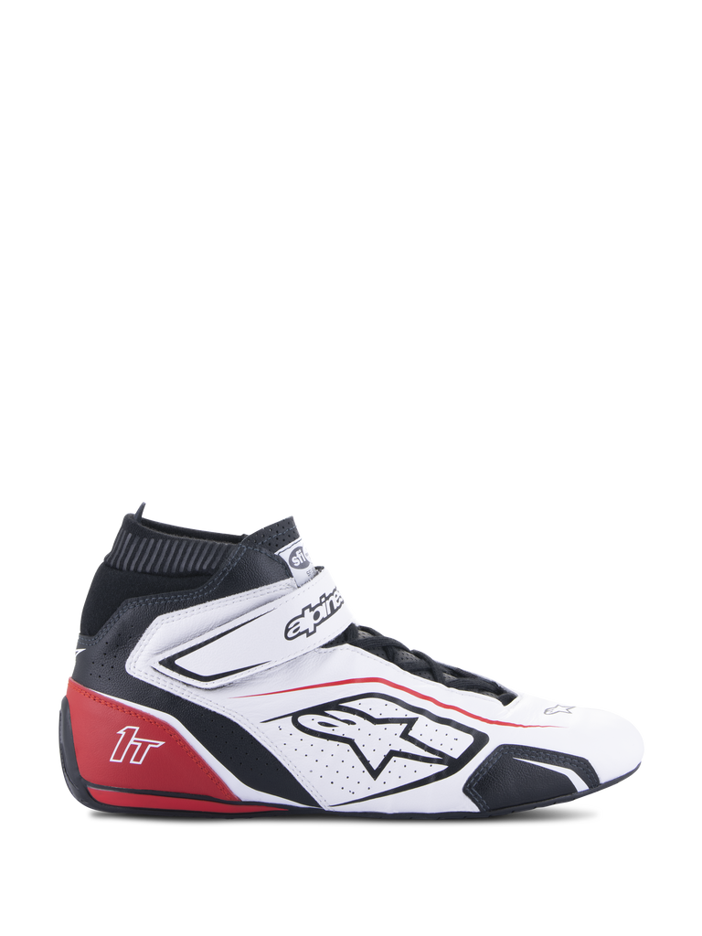 Alpinestars Tech-1 T V3 Shoes FIA, Auto Racing Shoes, White Black and Red, side profile view, high-top leather design with perforated panels, red heel section with 1T logo, black elastic ankle cuff, adjustable strap closure, professional motorsport footwear