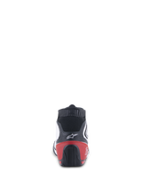 Alpinestars Tech-1 T V3 Shoes FIA, Auto Racing Shoes, White Black and Red, rear view showing the red heel counter and black textured outsole, white Alpinestars logo on black leather upper