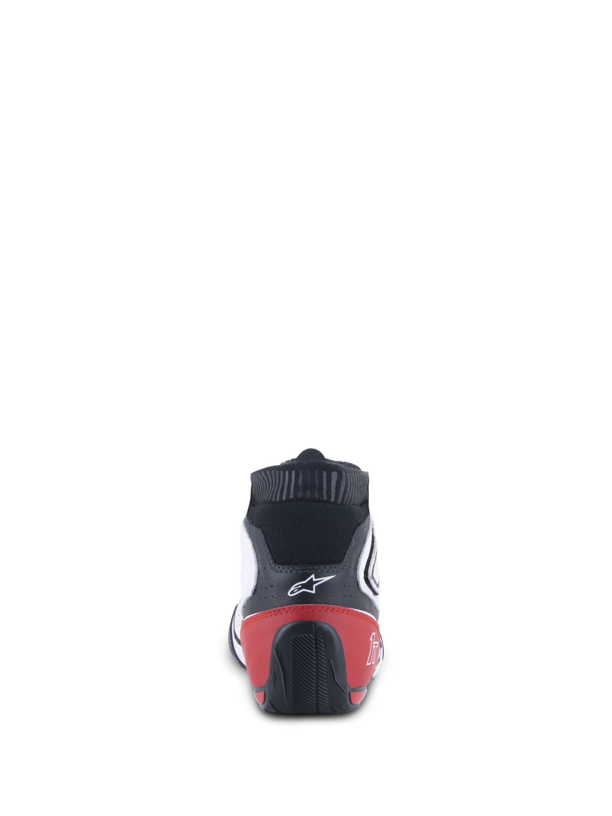 Alpinestars Tech-1 T V3 Shoes FIA, Auto Racing Shoes, White Black and Red, rear view showing the red heel counter and black textured outsole, white Alpinestars logo on black leather upper