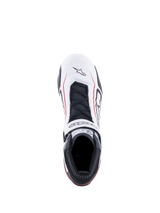 Alpinestars Tech-1 T V3 Shoes FIA, Auto Racing Shoes, White Black and Red, top-down view featuring white leather upper with red accent lines, black laces, branded hook and loop strap, and SFI certification label on the tongue