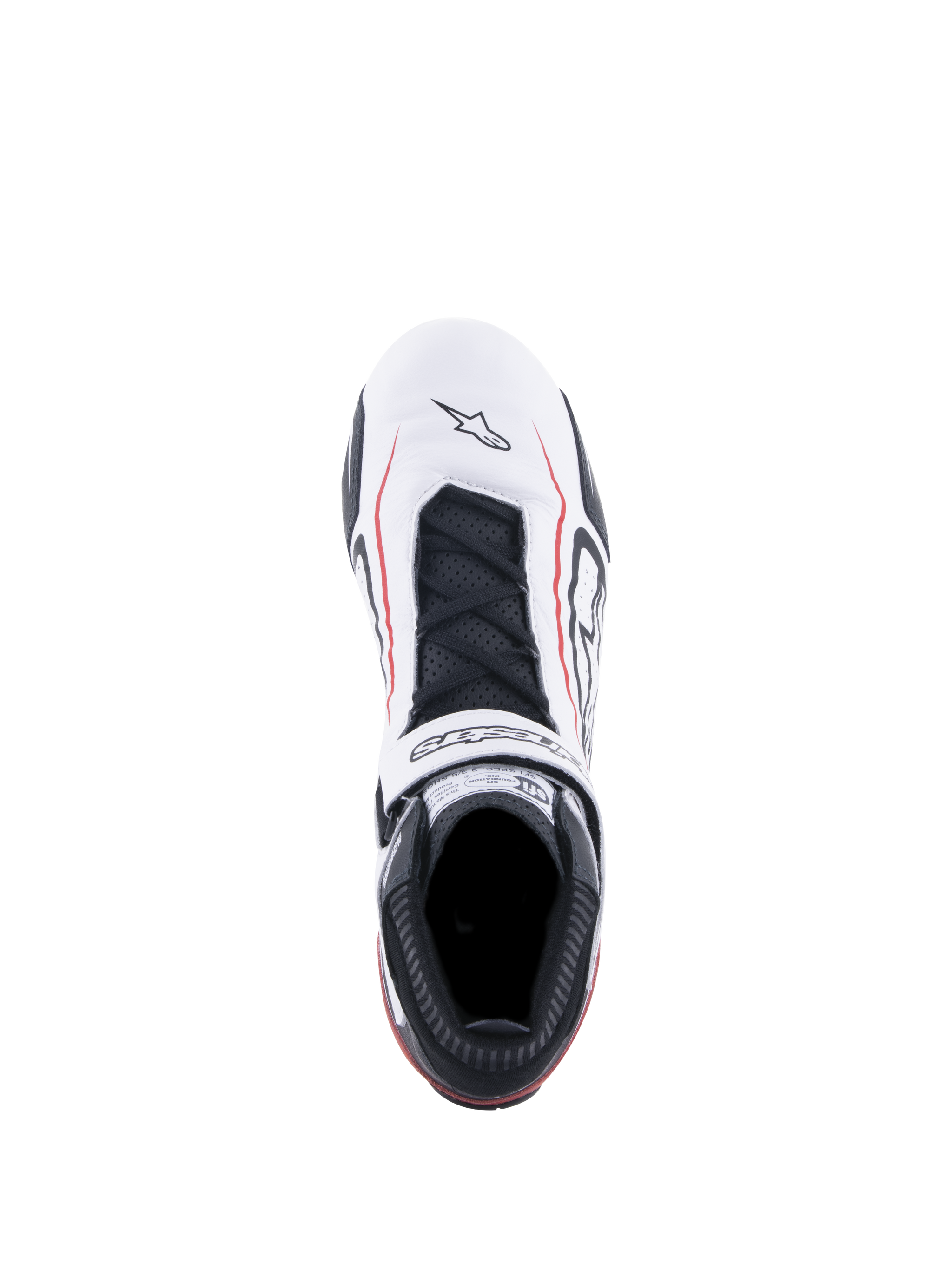 Alpinestars Tech-1 T V3 Shoes FIA, Auto Racing Shoes, White Black and Red, top-down view featuring white leather upper with red accent lines, black laces, branded hook and loop strap, and SFI certification label on the tongue