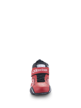 Alpinestars Tech-1 T V3 Shoes FIA, Auto Racing Shoes, Red Black and White, front-facing view showing the sleek leather design, adjustable ankle strap with white logo, and black lace closure system.
