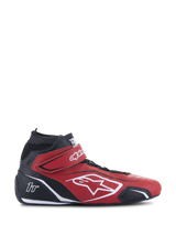 Alpinestars Tech-1 T V3 Shoes FIA, Red and Black Professional Racing Shoes, Side Profile, High-Top Design, White Alpinestars Logo and 1T Branding, Velcro Ankle Strap, Perforated Bovine Leather for Breathability, Thin Black Performance Sole, FIA Certified Motorsport Footwear