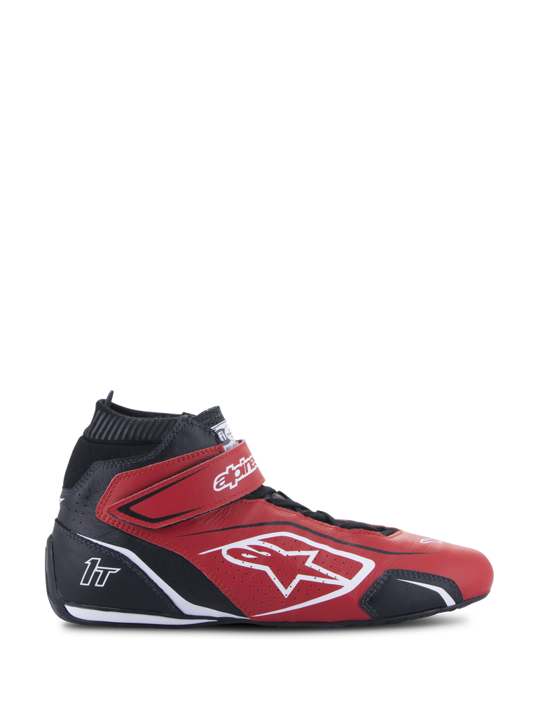 Alpinestars Tech-1 T V3 Shoes FIA, Red and Black Professional Racing Shoes, Side Profile, High-Top Design, White Alpinestars Logo and 1T Branding, Velcro Ankle Strap, Perforated Bovine Leather for Breathability, Thin Black Performance Sole, FIA Certified Motorsport Footwear