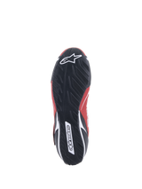 Alpinestars Tech-1 T V3 Shoes FIA, Auto Racing Shoes, Red Black and White, bottom view of the black rubber sole featuring an asymmetric tire tread pattern and white Alpinestars branding