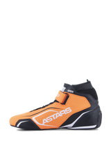 Alpinestars Tech-1 T V3 Shoes FIA, Auto Racing Shoes, Orange Fluo Black and White, side profile view, featuring bovine leather construction, hook and loop ankle strap, and white Astars branding.