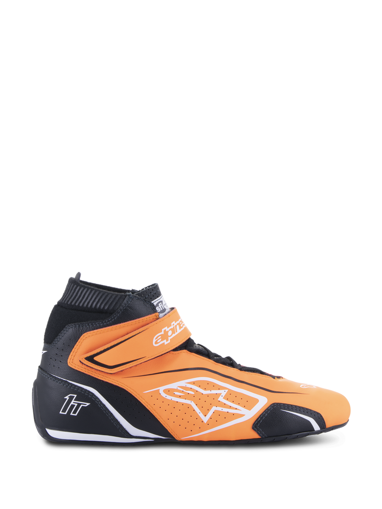 Alpinestars Tech-1 T V3 FIA Racing Shoes, Orange Fluo and Black, High-Top Motorsport Footwear with white accents and Velcro ankle strap, Perforated leather for breathability, side view of professional auto racing gear