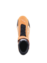 Alpinestars Tech-1 T V3 Shoes, Auto Racing Shoes, Orange Fluo Black and White, top-down view showing lace closure and hook-and-loop strap, white Alpinestars logo on toe, perforated leather panels and black fireproof collar