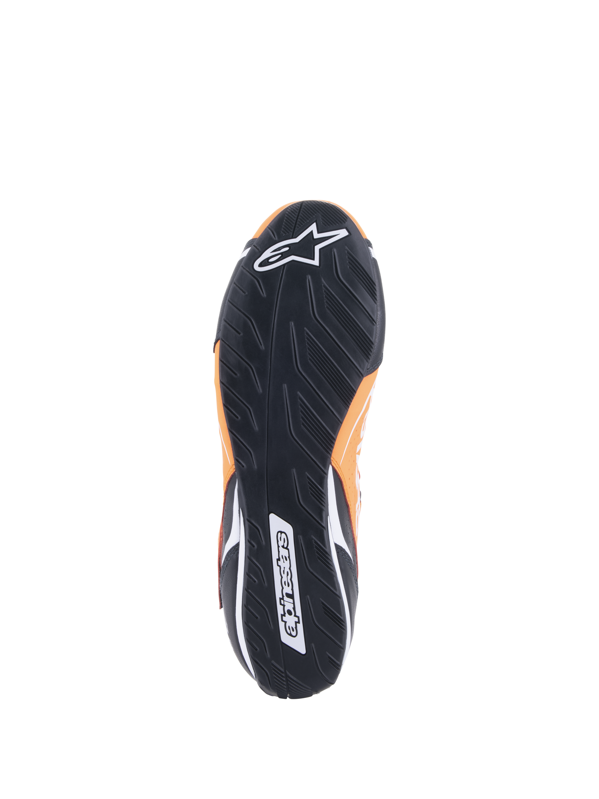 Alpinestars Tech-1 T V3 Shoes FIA, Orange Fluo Black White, bottom view showing the black rubber outsole with an asymmetric tread pattern, white Alpinestars logo on the toe and wordmark on the heel.