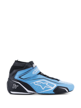 Alpinestars Tech-1 T V3 Shoes FIA, high-top auto racing shoe, light blue and black with white accents, side view featuring a Velcro strap, white star logo, perforated leather construction, and a thin performance outsole