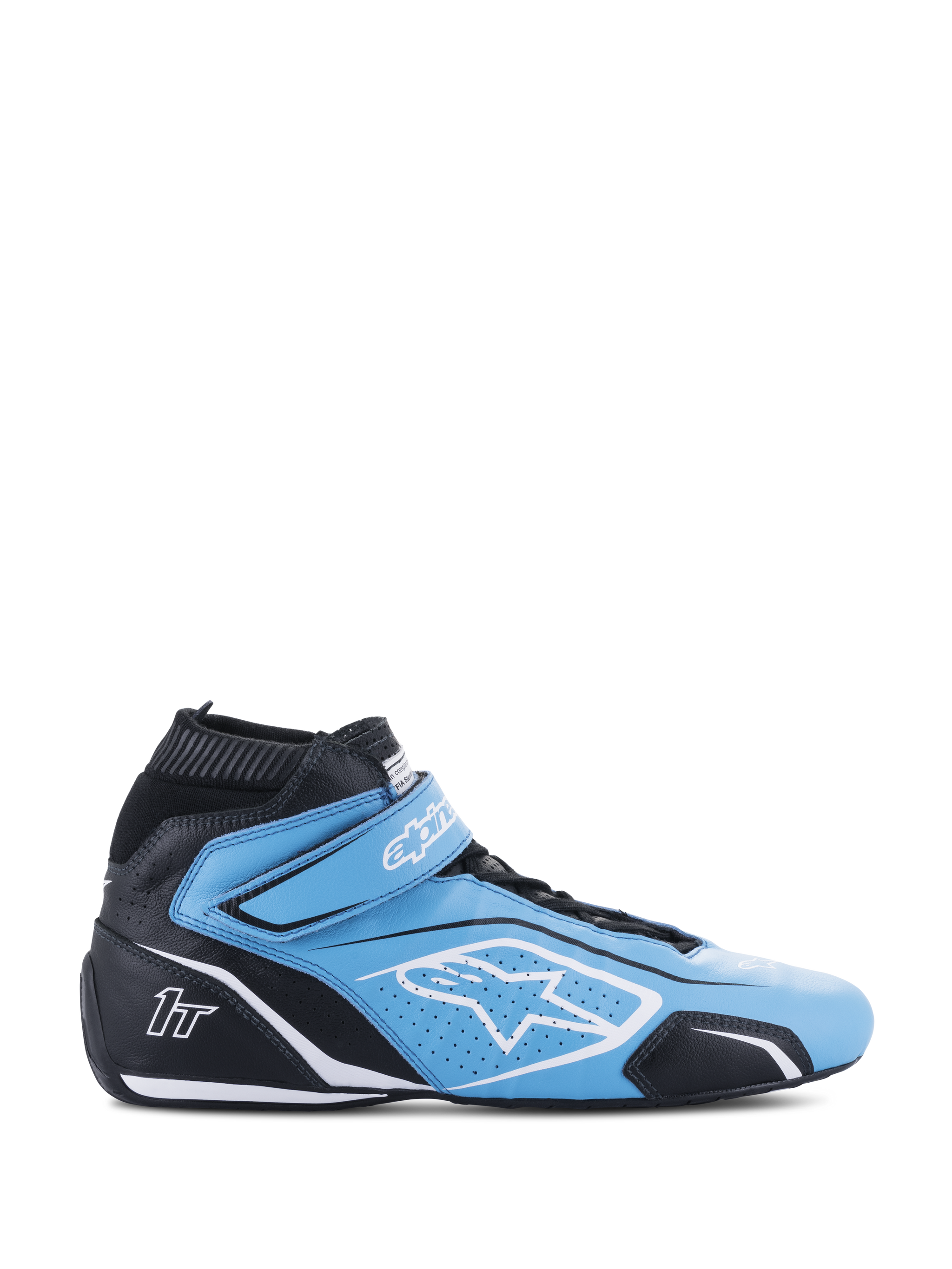 Alpinestars Tech-1 T V3 Shoes FIA, high-top auto racing shoe, light blue and black with white accents, side view featuring a Velcro strap, white star logo, perforated leather construction, and a thin performance outsole