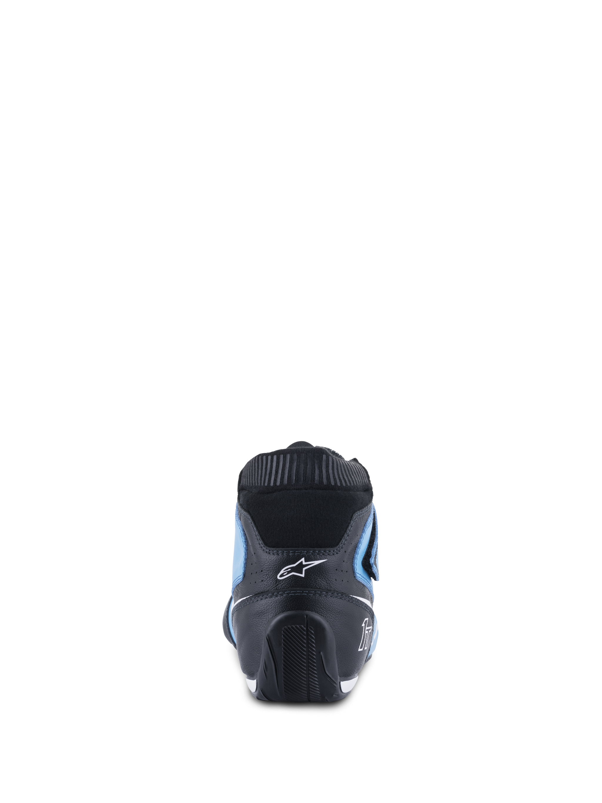 Alpinestars Tech-1 T V3 Shoes FIA, Auto Racing Shoes, Light Blue Black and White, rear view featuring the black leather heel, light blue side panels, and black elastic fireproof collar, sleek ergonomic design with white Alpinestars logo