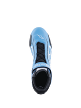 Alpinestars Tech-1 T V3 Shoes FIA, Auto Racing Shoes, Light Blue Black and White, top-down view showing full bovine leather construction, black laces with hook and loop strap, white Alpinestars logo on the toe, and perforated tongue for breathability