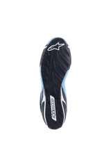 Alpinestars Tech-1 T V3 Shoes FIA, Bottom view of black rubber sole, asymmetric tire tread design, white Alpinestars star and wordmark logos, light blue and black leather accents, auto racing performance footwear