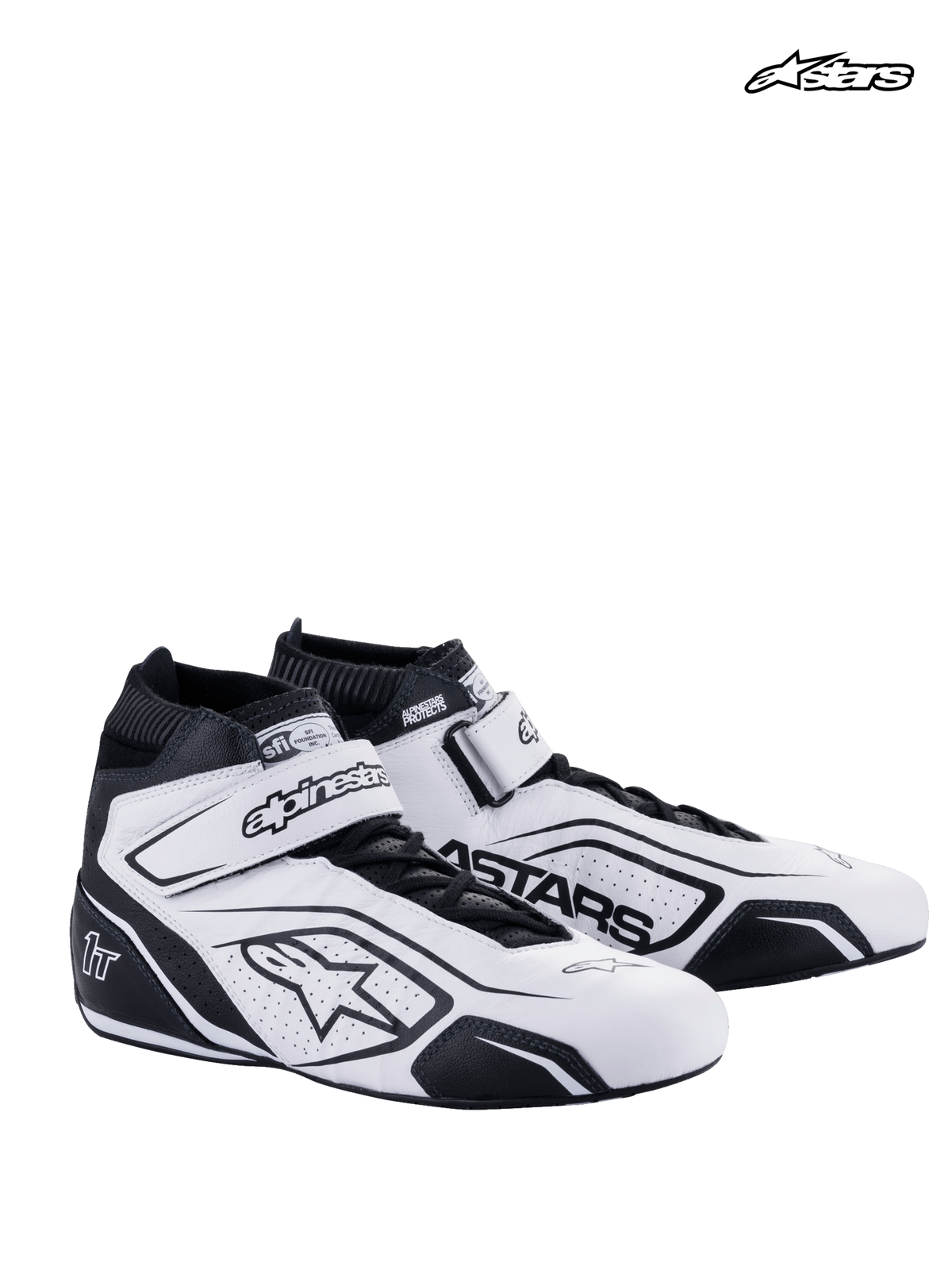 Alpinestars Tech-1 T V3 Shoes, auto racing shoes in white and black, premium bovine leather construction with SFI certification and hook-and-loop strap closure