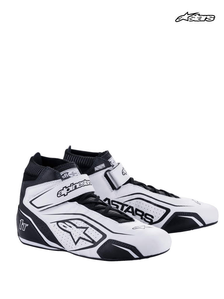 Alpinestars Tech-1 T V3 Shoes, auto racing shoes in white and black, premium bovine leather construction with SFI certification and hook-and-loop strap closure