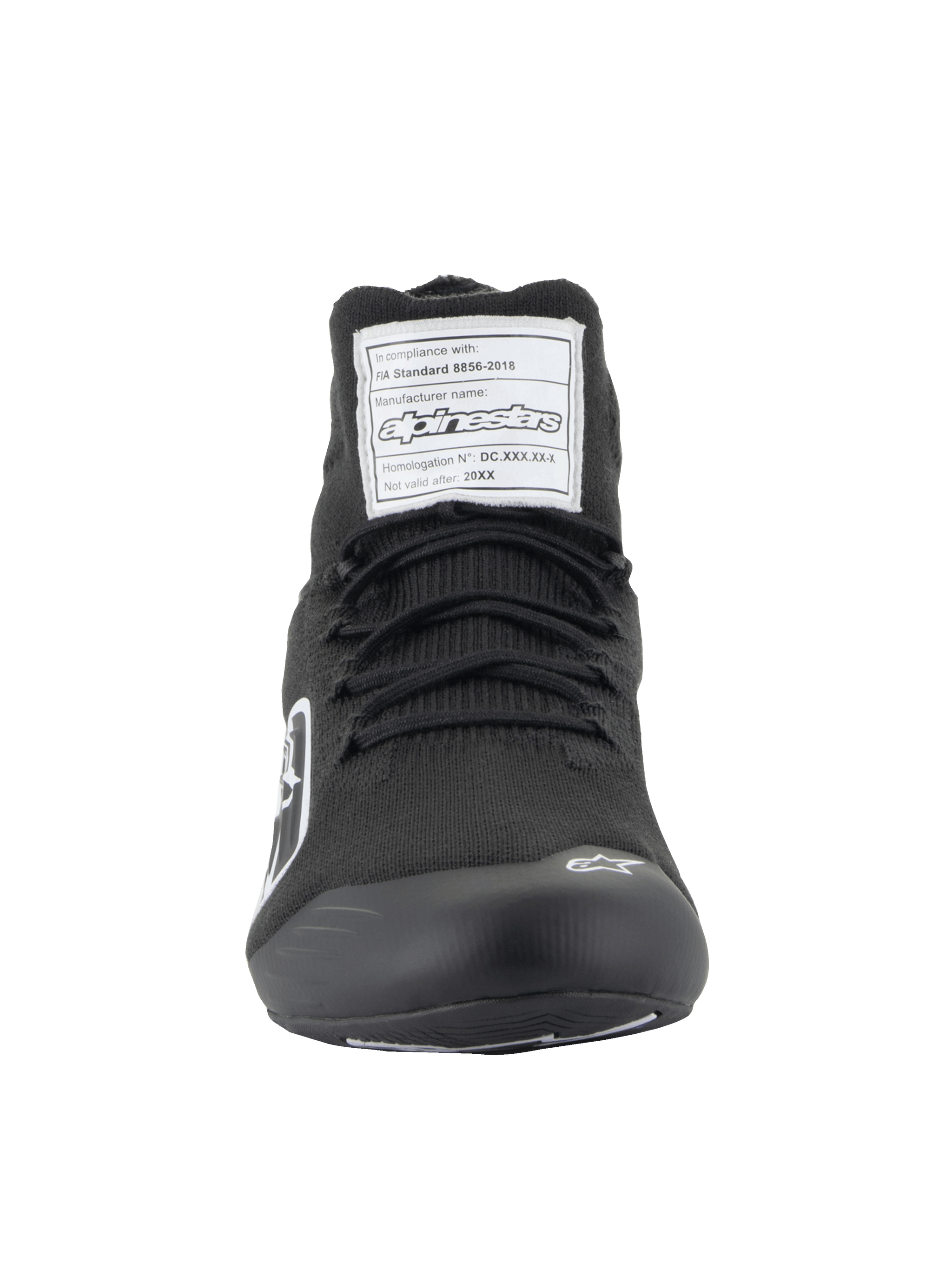 Alpinestars Supertech Shoes, Auto Racing Footwear, Black, front view showing the aramidic knitted upper, white FIA certification label on the tongue, and small white Astars logo on the toe, professional motorsport design