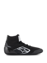 Alpinestars Supertech Shoes, FIA/SFI Certified Auto Racing Shoes, Black with white Alpinestars star logo, high-top design featuring a knitted upper and carbon fiber heel cup, professional motorsport footwear