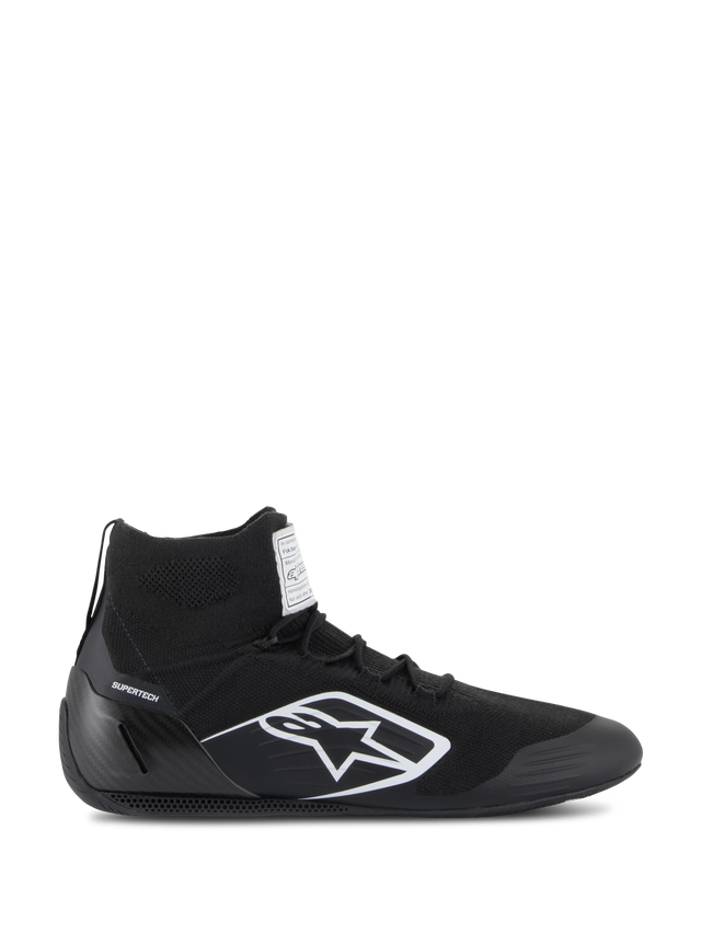 Alpinestars Supertech Shoes, FIA/SFI Certified Auto Racing Shoes, Black with white Alpinestars star logo, high-top design featuring a knitted upper and carbon fiber heel cup, professional motorsport footwear