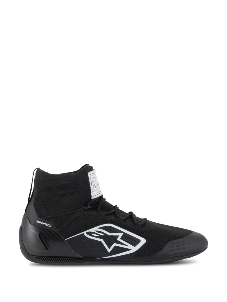 Alpinestars Supertech Shoes, FIA/SFI Certified Auto Racing Shoes, Black with white Alpinestars star logo, high-top design featuring a knitted upper and carbon fiber heel cup, professional motorsport footwear