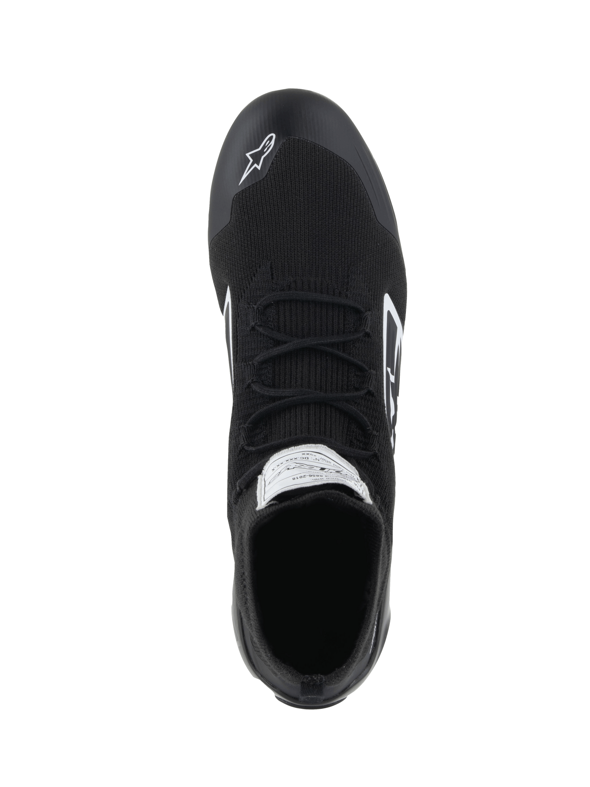Alpinestars Supertech Shoes - FIA/SFI, Auto Racing Shoes, Black, top-down view showing the fully knitted aramidic upper, flat laces, and white Alpinestars logo on the toe, professional motorsport footwear