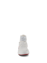 Alpinestars Supertech Shoes, Auto Racing Shoes, White Red and Black, front view featuring the knitted upper construction and FIA homologation label on the tongue, professional motorsport footwear.