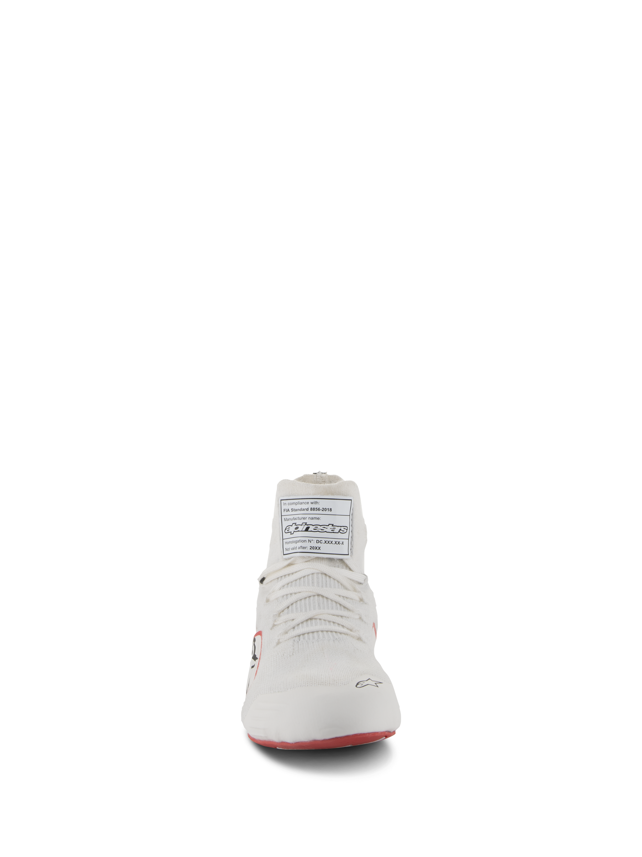 Alpinestars Supertech Shoes, Auto Racing Shoes, White Red and Black, front view featuring the knitted upper construction and FIA homologation label on the tongue, professional motorsport footwear.