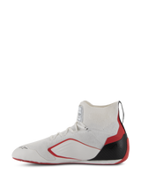 Alpinestars Supertech Shoes - FIA/SFI, Auto Racing Shoes, White Red and Black, profile view showing the knitted upper construction, red side accents, and black carbon fiber heel cup