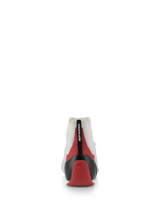Alpinestars Supertech Shoes, Rear view of white racing shoe with red and black accents, featuring a thermo-formed carbon heel cup and white knitted upper, professional motorsport footwear designed for driver comfort and stability