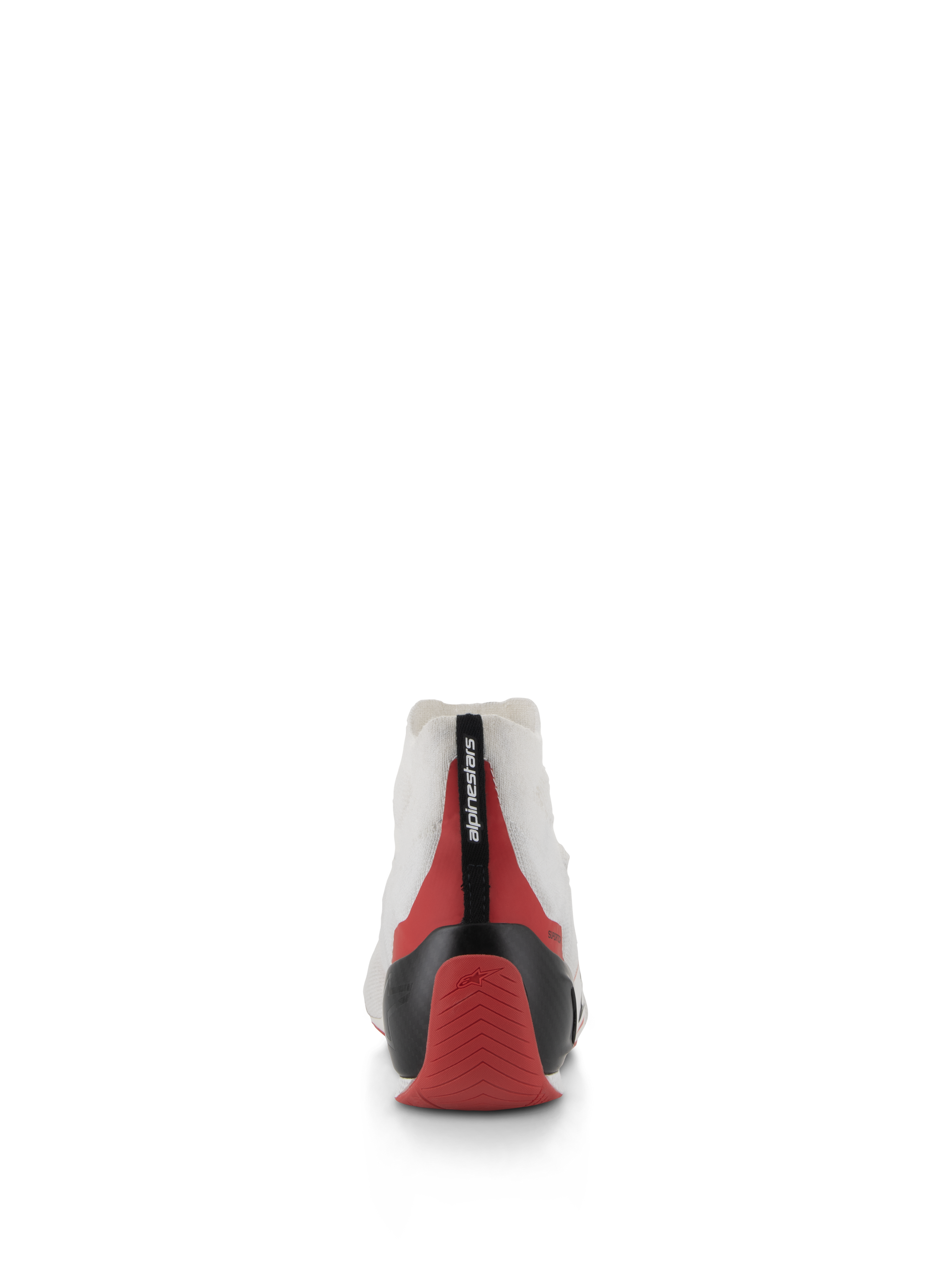 Alpinestars Supertech Shoes, Rear view of white racing shoe with red and black accents, featuring a thermo-formed carbon heel cup and white knitted upper, professional motorsport footwear designed for driver comfort and stability
