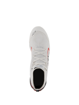 Alpinestars Supertech Shoes, Auto Racing Shoes, White Red and Black, top-down view showing the knitted aramid fiber upper, white laces, and carbon fiber heel lockdown, professional motorsport footwear