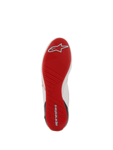 Alpinestars Supertech Shoes, Auto Racing Footwear, Red outsole view, ultra-thin rubber sole with asymmetric tread, white and red logo details, professional racing footwear for optimal pedal sensitivity.